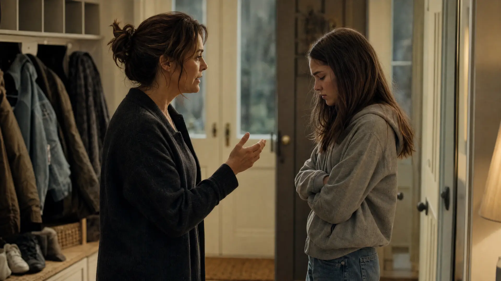 An adult and a young person sit opposite each other at a kitchen table.