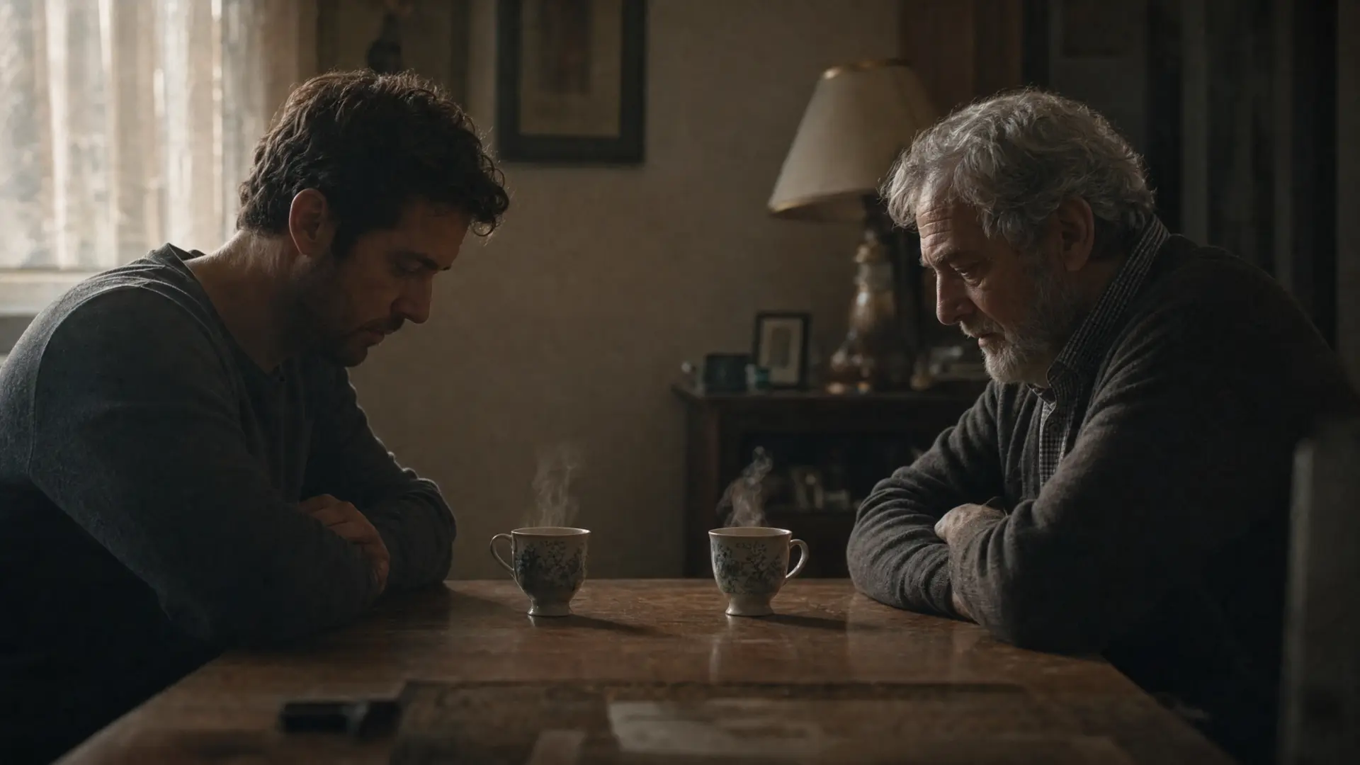 Two adults have a quiet conversation at a dining table.