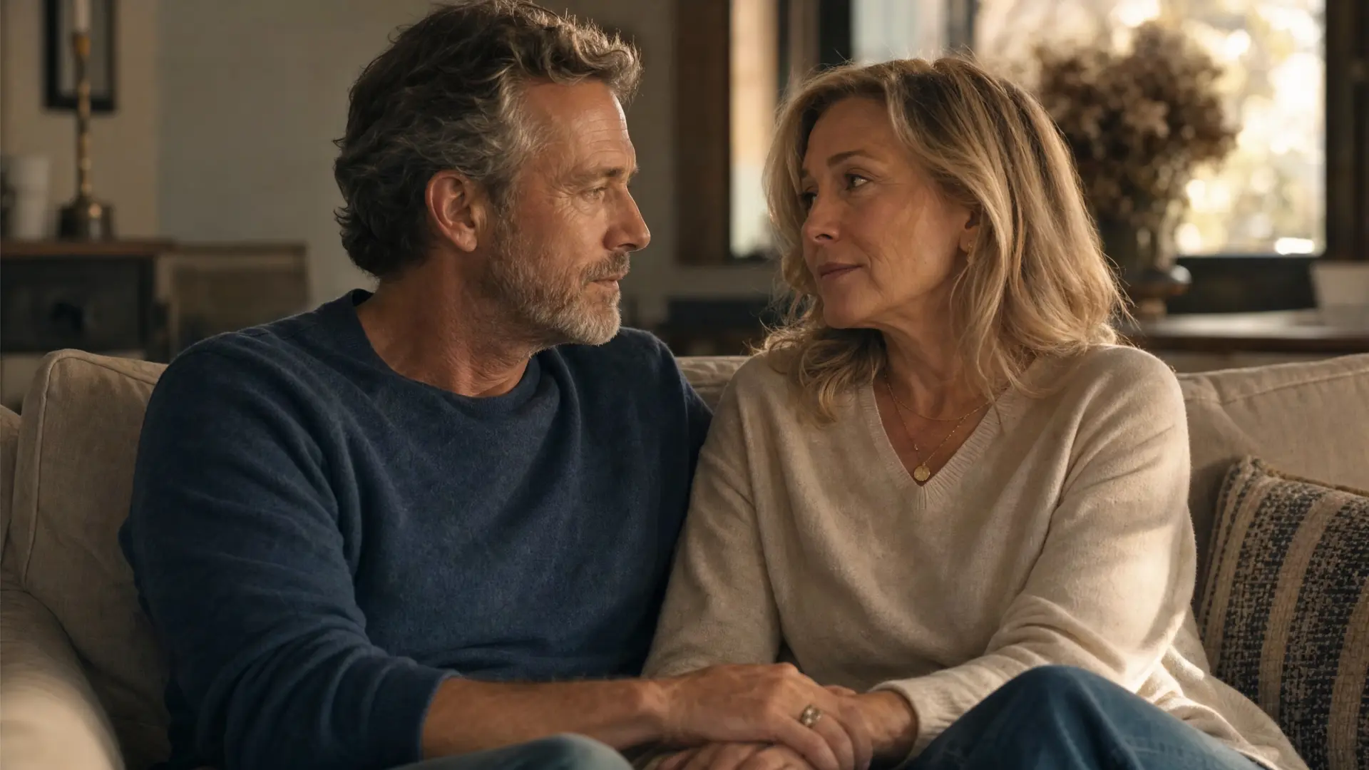 Two people sit closer to each other on a sofa in warm light.